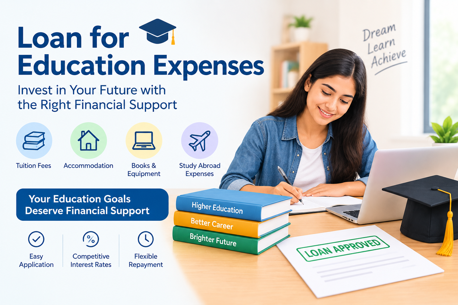 Loan for education expenses helping students manage tuition fees, accommodation, books, equipment, and study-abroad costs.